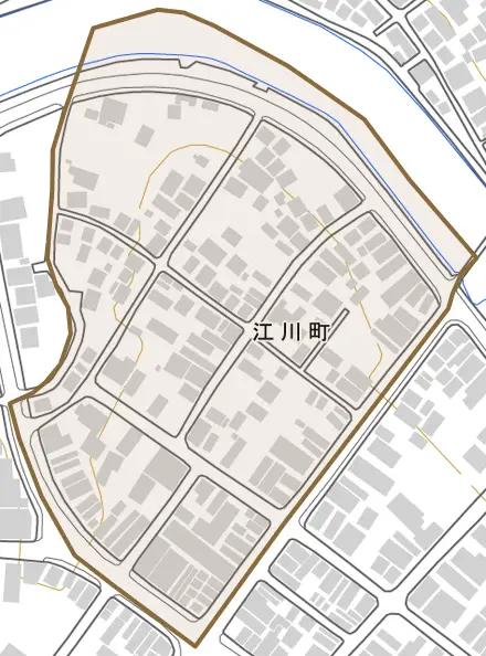江川町とその周辺の地図。町の範囲を重ねている