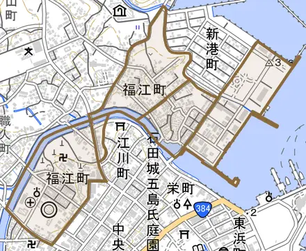 福江町とその周辺の地図。町の範囲を重ねている
