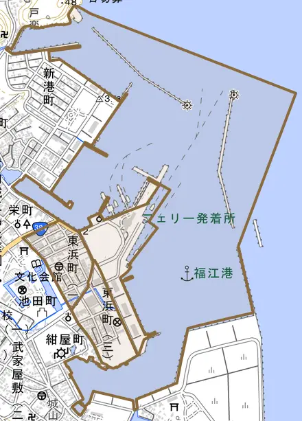 東浜町とその周辺の地図。町の範囲を重ねている