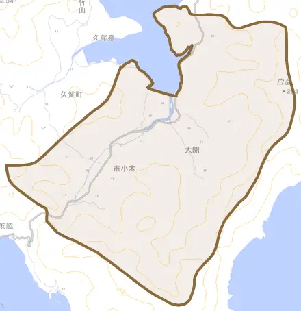 久賀町とその周辺の地図。町の範囲を重ねている