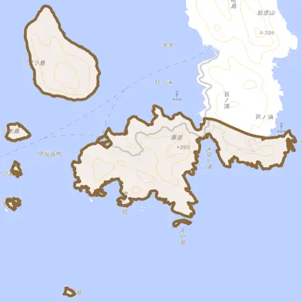 伊福貴町とその周辺の地図。町の範囲を重ねている