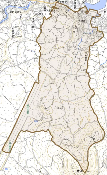上大津町とその周辺の地図。町の範囲を重ねている