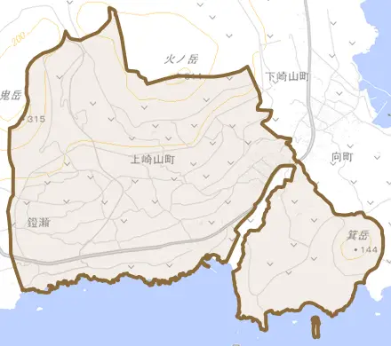 上崎山町とその周辺の地図。町の範囲を重ねている