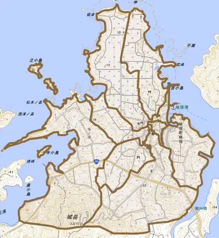 岐宿町岐宿とその周辺の地図。町の範囲を重ねている