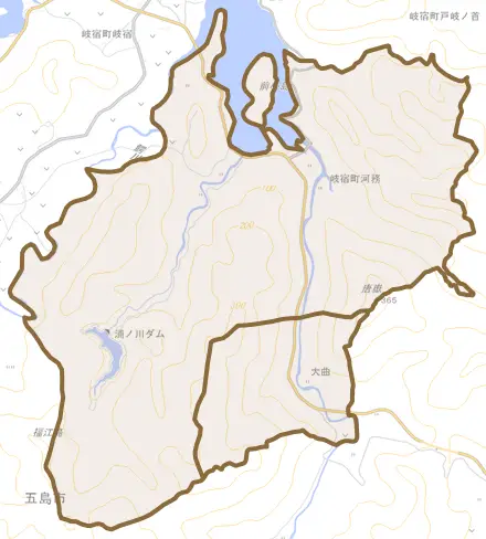 岐宿町河務とその周辺の地図。町の範囲を重ねている