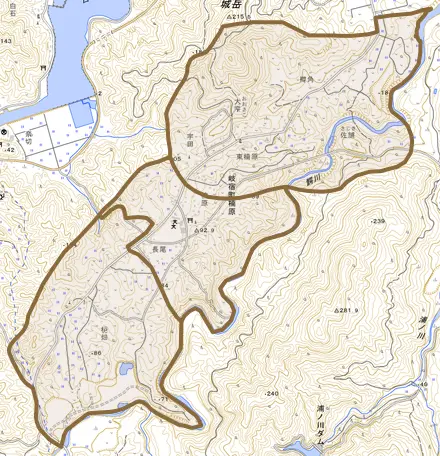 岐宿町楠原とその周辺の地図。町の範囲を重ねている