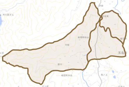 岐宿町松山とその周辺の地図。町の範囲を重ねている