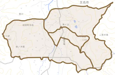 岐宿町中嶽とその周辺の地図。町の範囲を重ねている