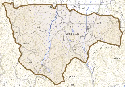 岐宿町二本楠とその周辺の地図。町の範囲を重ねている