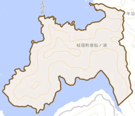 岐宿町唐船ノ浦とその周辺の地図。町の範囲を重ねている