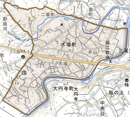 木場町とその周辺の地図。町の範囲を重ねている