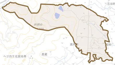 高田町とその周辺の地図。町の範囲を重ねている