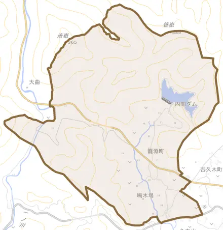 籠淵町とその周辺の地図。町の範囲を重ねている