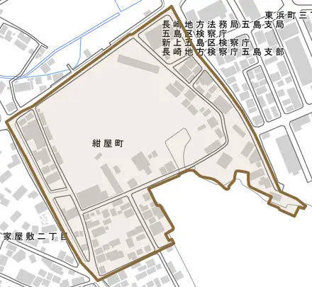 紺屋町とその周辺の地図。町の範囲を重ねている