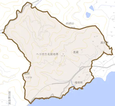 増田町とその周辺の地図。町の範囲を重ねている