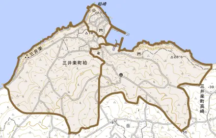 三井楽町柏とその周辺の地図。町の範囲を重ねている