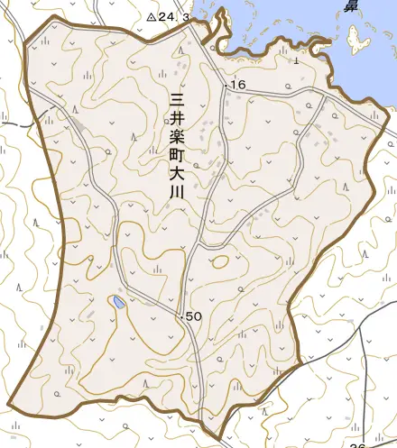 三井楽町大川とその周辺の地図。町の範囲を重ねている