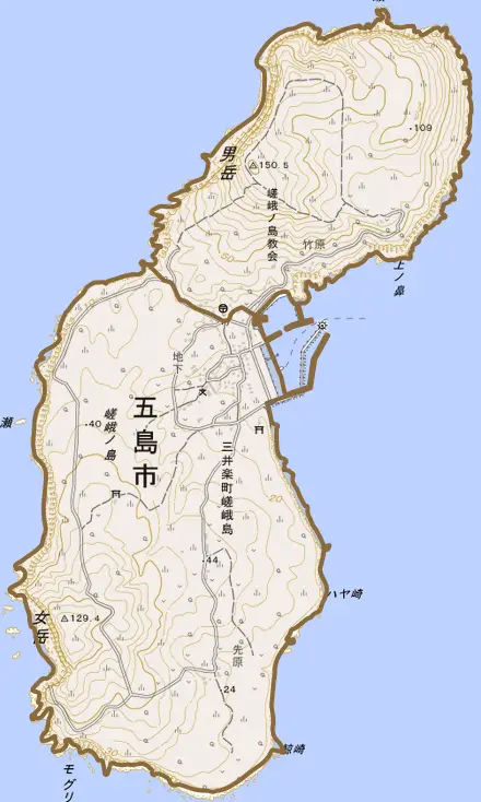 三井楽町嵯峨島とその周辺の地図。町の範囲を重ねている
