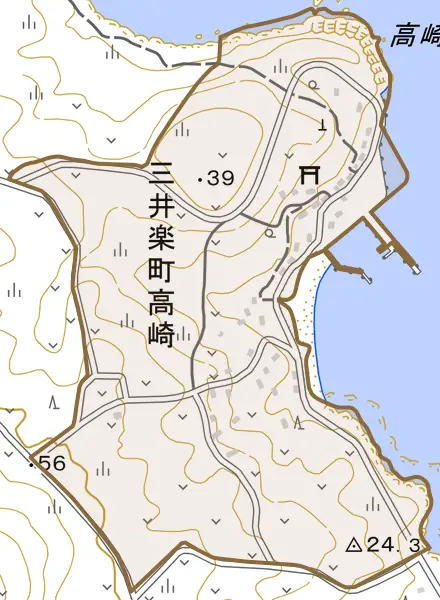 三井楽町高崎とその周辺の地図。町の範囲を重ねている