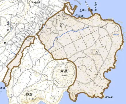 向町とその周辺の地図。町の範囲を重ねている