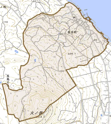 長手町とその周辺の地図。町の範囲を重ねている