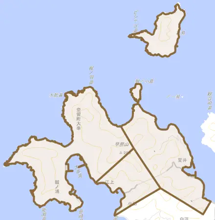 奈留町大串とその周辺の地図。町の範囲を重ねている