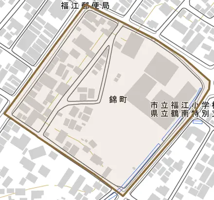 錦町とその周辺の地図。町の範囲を重ねている