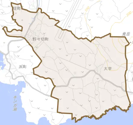 野々切町とその周辺の地図。町の範囲を重ねている