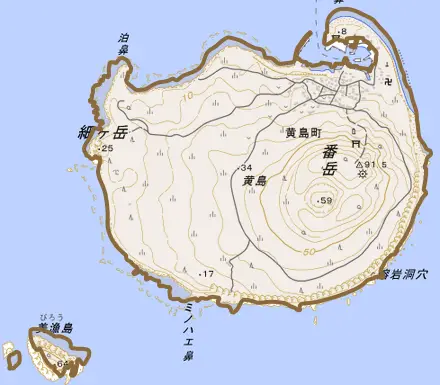 黄島町とその周辺の地図。町の範囲を重ねている