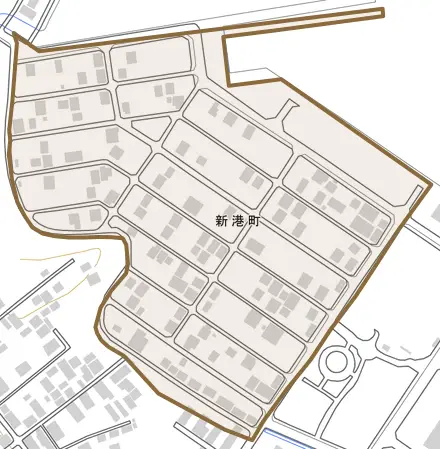 新港町とその周辺の地図。町の範囲を重ねている