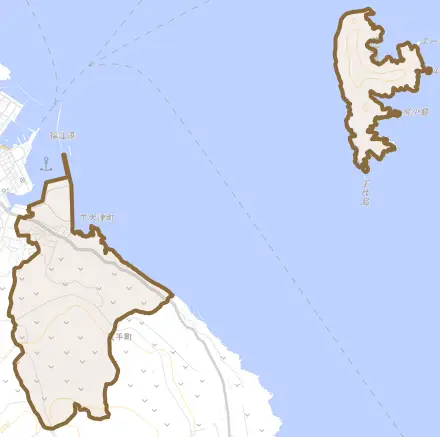 下大津町とその周辺の地図。町の範囲を重ねている