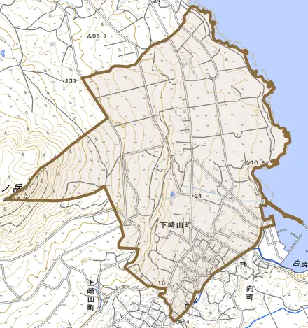 下崎山町とその周辺の地図。町の範囲を重ねている