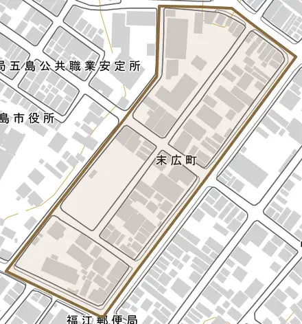 末広町とその周辺の地図。町の範囲を重ねている