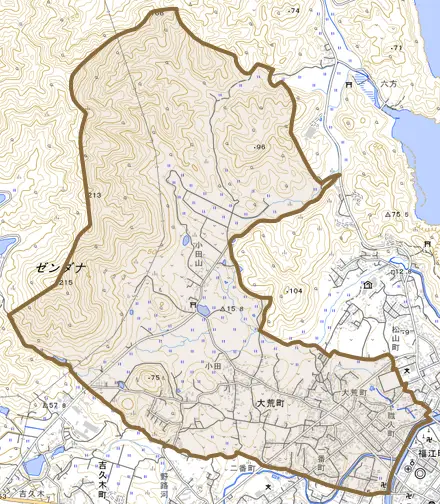 大荒町とその周辺の地図。町の範囲を重ねている
