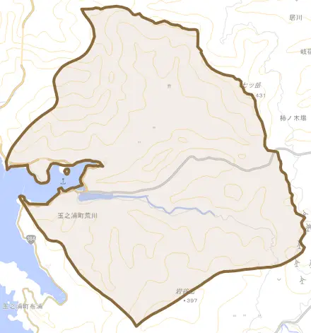 玉之浦町荒川とその周辺の地図。町の範囲を重ねている