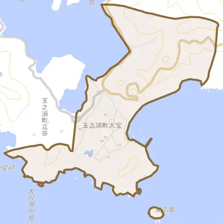 玉之浦町大宝とその周辺の地図。町の範囲を重ねている