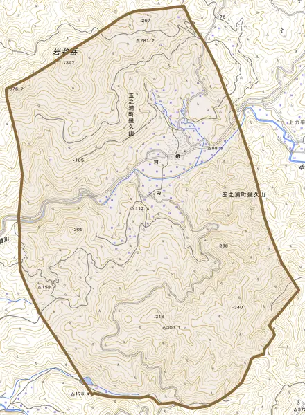 玉之浦町幾久山とその周辺の地図。町の範囲を重ねている
