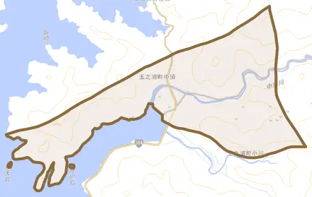 玉之浦町中須とその周辺の地図。町の範囲を重ねている