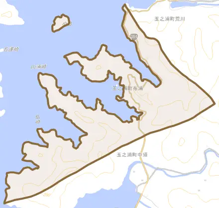 玉之浦町布浦とその周辺の地図。町の範囲を重ねている