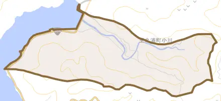 玉之浦町小川とその周辺の地図。町の範囲を重ねている