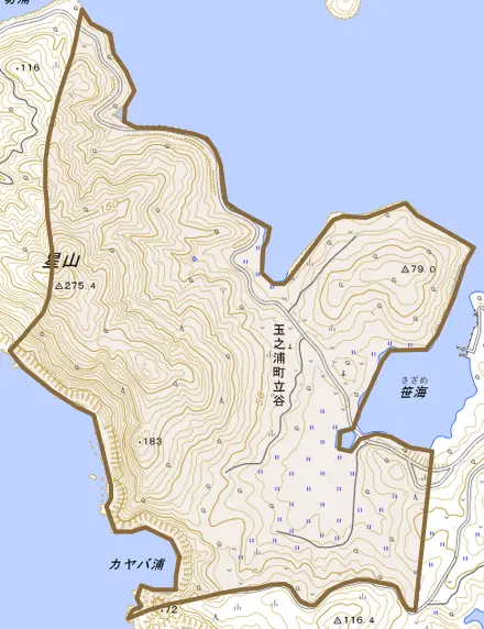 玉之浦町立谷とその周辺の地図。町の範囲を重ねている