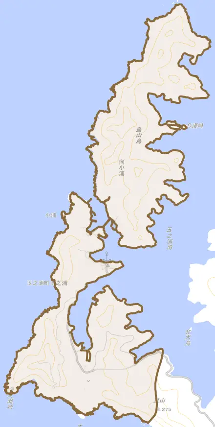 玉之浦町玉之浦とその周辺の地図。町の範囲を重ねている