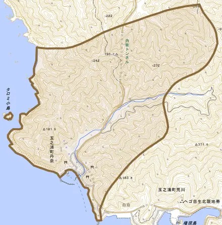玉之浦町丹奈とその周辺の地図。町の範囲を重ねている