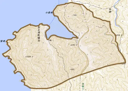 玉之浦町頓泊とその周辺の地図。町の範囲を重ねている