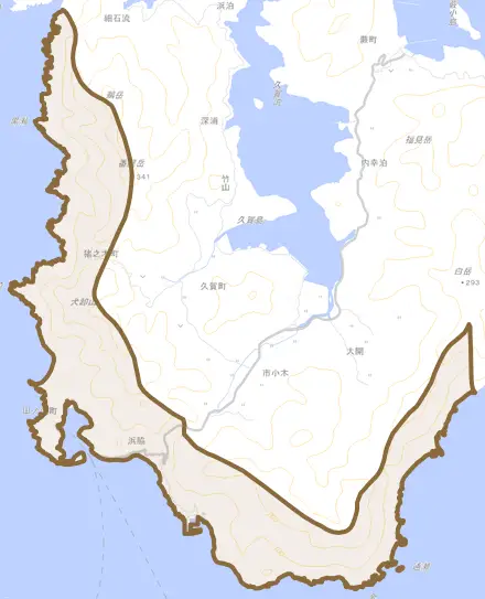 田ノ浦町とその周辺の地図。町の範囲を重ねている
