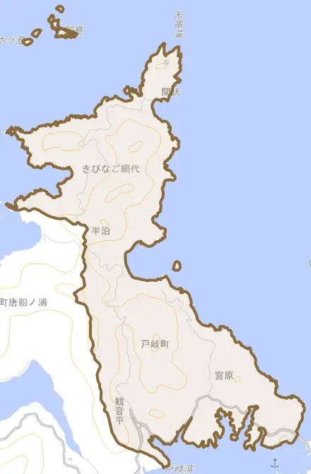 戸岐町とその周辺の地図。町の範囲を重ねている
