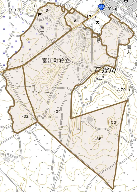 富江町狩立とその周辺の地図。町の範囲を重ねている