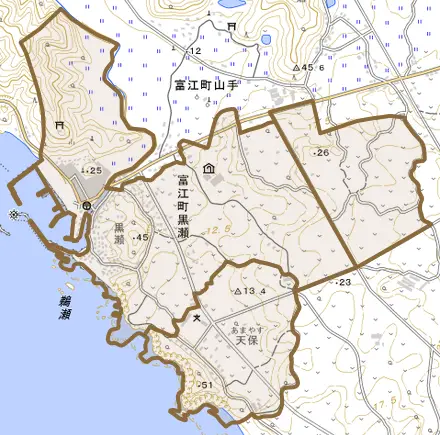 富江町黒瀬とその周辺の地図。町の範囲を重ねている