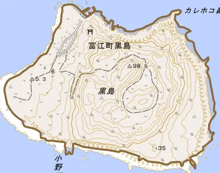 富江町黒島とその周辺の地図。町の範囲を重ねている