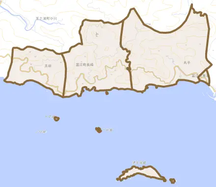 富江町長峰とその周辺の地図。町の範囲を重ねている